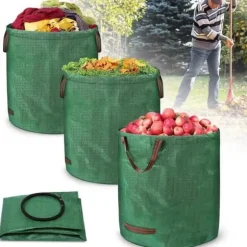 Set med 3 trädgårdsväskor med handtag, 272 l, i polypropentyg, hopfällbar, vattentät, återanvändbar, för förvaring[1989]