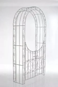 Sina Rose Arch with Gate - Antique White Metal Garden Arbor, Heavy Duty Climbing Plant Trellis
