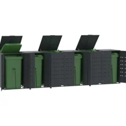Skjul för sopkärl 6 platser - Hållbar stål med gasfjäderlock | Färg: Antracit | Storlek: 414x79x117 cm