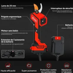 Sladdlös elektrisk beskärningssax, borstlös beskärningssax, OUTIGO 600W 20-25mm, 2*1500mAh 21V batterier, Blad Lämplig för grenar
