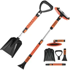 Snöborste & isskrapa - Set 3-i-1 med snöskyffel - Teleskopisk 107 cm - Vridbart 180° borsthuvud - Halkfritt handtag - För bil, SUV, lastbil
