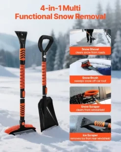 Snöborste & isskrapa - Set 3-i-1 med snöskyffel - Teleskopisk 107 cm - Vridbart 180° borsthuvud - Halkfritt handtag - För bil, SUV, lastbil
