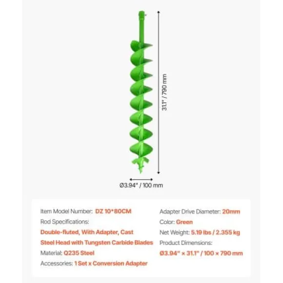 Snigelborr, 100x790 mm, Grön, Kraftig stål