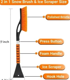 Snöröjningsverktyg med långt skaft - 27 tums isskrapa med avtagbar borste för enkel snöröjning och förvaring