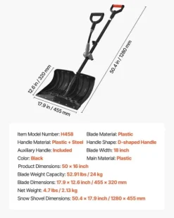 Snöskyffel - Handhållen snöplog - Bladbredd 45,5 cm - D-handtag - Halkfritt grepp - Lätt vikt - Stor kapacitet - För uppfart & utomhus