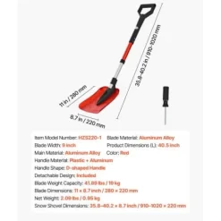 Snöskyffel, 91-102x22 cm, Röd, Fällbart verktyg i aluminiumlegering