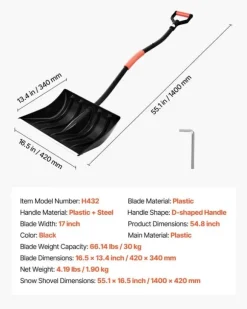 Snöskyffel/Snöspade - Handhållen - Ergonomiskt D-handtag - 42 cm Bladbredd - Aluminiumblad - Lätt vikt - Stor kapacitet - För uppfart och trädgård