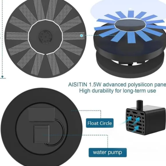 Solar Bird Bath Fountain Pump, Solar Fountain Pump för Fågelbad med 6 munstycken, Solar Powered Water Fountain Pump för trädgård, dammar, pool