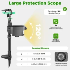 Solcellsdriven djurskrämma - Rörelseaktiverad sprinkler - Sprutvinkel 0–270° - IPX4 Stänkskydd - ABS-material - Vikt 0,8 kg - För trädgård