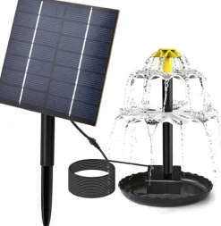 Solcellsfontän för Trädgård – Fågelbadfontän med 3-lagers Vattenfall, 4 Munstycken & DIY Vattenfunktion