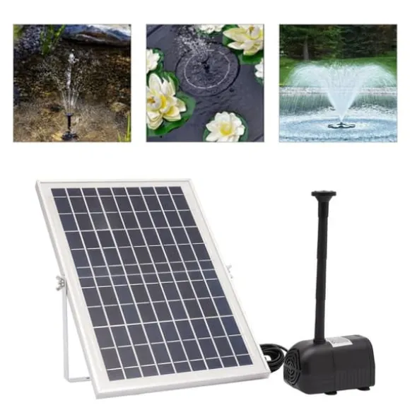 Solcellsfontänpump för damm/pool/akvarium - Vattenpump Kit - 10 W - 24 V Borstlös - Max 1000 l/h - Munstycken Ingår - Plast - Svart