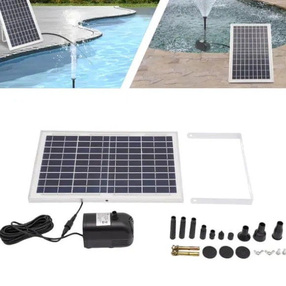 Solcellsfontänpump för damm/pool/akvarium - Vattenpump Kit - 10 W - 24 V Borstlös - Max 1000 l/h - Munstycken Ingår - Plast - Svart