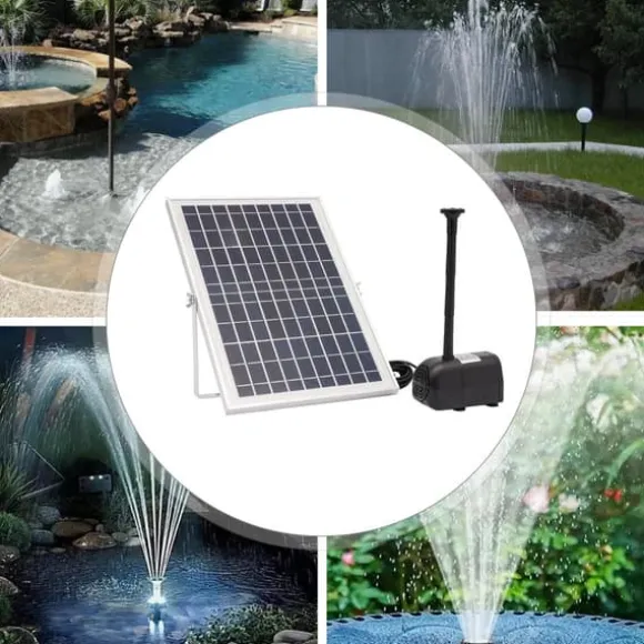 Solcellsfontänpump för damm/pool/akvarium - Vattenpump Kit - 10 W - 24 V Borstlös - Max 1000 l/h - Munstycken Ingår - Plast - Svart