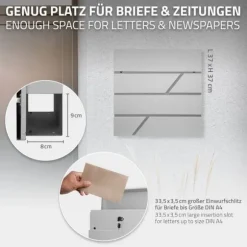 Stående brevlåda med tidningsfack 37x37x11 cm ljusgrått rostfritt stål inkl. stativ silver 120cm hög ML-Design