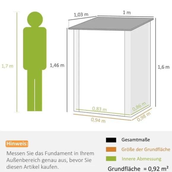 Stålförråd 0,92 m², låsbart med pulpettak, 100×103×160 cm, grå