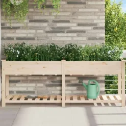Stort rektangulärt trädgårdsplanterare med hylla i massivt trä | Storlek: 203x53x76 cm | Färg: Naturligt trä