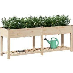 Stort rektangulärt trädgårdsplanterare med hylla i massivt trä | Storlek: 203x53x76 cm | Färg: Naturligt trä