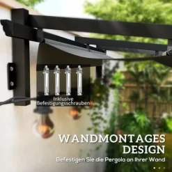 Terrasspergola ca 3x3 m, aluminium, väggmonterad, justerbart tak, mörkgrå