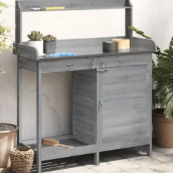 The Living Store Odlingsbänk med skåp grå 110,5x45x124,5 cm massivt granträ - Växtställ