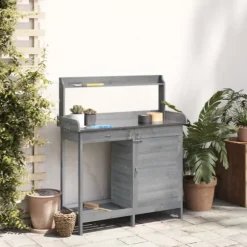 The Living Store Odlingsbänk med skåp grå 110,5x45x124,5 cm massivt granträ - Växtställ