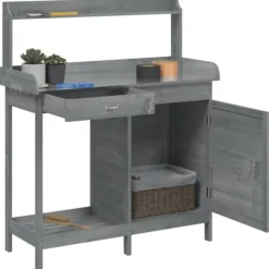 The Living Store Odlingsbänk med skåp grå 110,5x45x124,5 cm massivt granträ - Växtställ