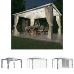 The Living Store Paviljong med gardin & ljusslinga LED 4x3 m gräddvit aluminium - Partytält & paviljoner