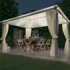 The Living Store Paviljong med gardin & ljusslinga LED 4x3 m gräddvit aluminium - Partytält & paviljoner