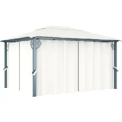 The Living Store Paviljong med gardin & ljusslinga LED 4x3 m gräddvit aluminium - Partytält & paviljoner