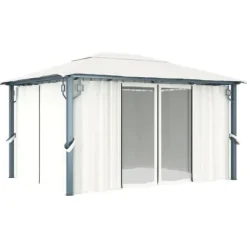 The Living Store Paviljong med gardin & ljusslinga LED 4x3 m gräddvit aluminium - Partytält & paviljoner