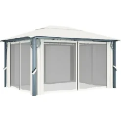 The Living Store Paviljong med gardin & ljusslinga LED 4x3 m gräddvit aluminium - Partytält & paviljoner