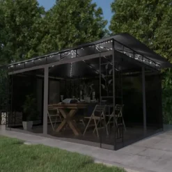 The Living Store Paviljong myggnät ljusslinga LED 4x3x2,73 m antracit 180 g/m² - Partytält & paviljoner