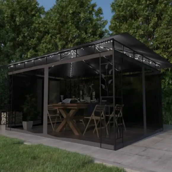 The Living Store Paviljong myggnät ljusslinga LED 4x3x2,73 m antracit 180 g/m² - Partytält & paviljoner