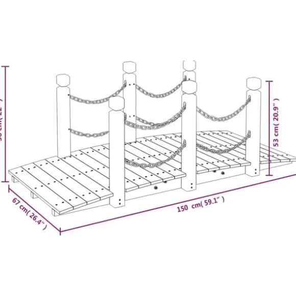 The Living Store Trädgårdsbro med kedjeräcken 150x67x56cm massivt granträ - Trädgårdsbroar