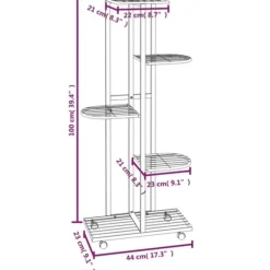 The Living Store Växtställ på hjul 5 hyllor 44x23x100 cm svart järn - Växtställ