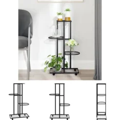 The Living Store Växtställ på hjul 4 hyllor 44x23x80 cm svart järn - Växtställ