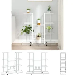 The Living Store Växtställ på hjul 94,5x24,5x91,5 cm vit järn - Växtställ