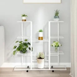 The Living Store Växtställ på hjul 94,5x24,5x91,5 cm vit järn - Växtställ