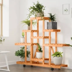 The Living Store Växtställ med hjul 110x25x101 cm massiv furu - Växtställ