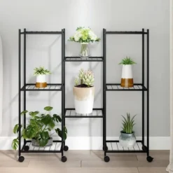 The Living Store Växtställ på hjul 83x25x83,5 cm svart järn - Växtställ
