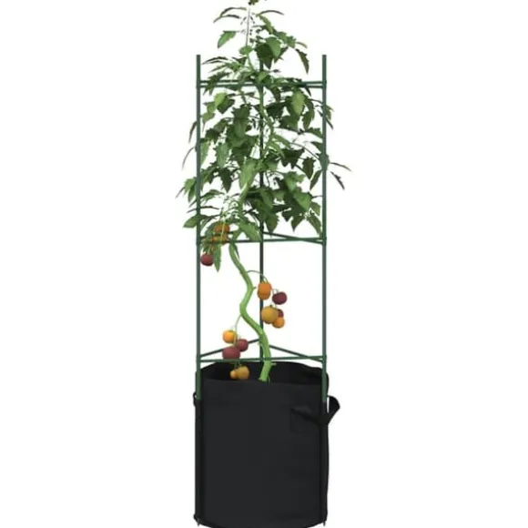 Tomatburar med växtpåsar - Justerbart stålstöd för tomater och vinrankor | Färg: Grön | Storlek: 116 cm | 4 st