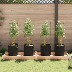 Tomatburar med växtpåsar - Justerbart stålstöd för tomater och vinrankor | Färg: Grön | Storlek: 116 cm | 4 st