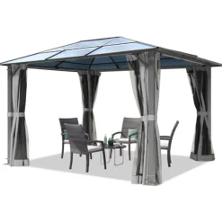 TOOLPORT Trädgårdspaviljong 3x3,65 m tak i polykarbonat ca. 6 mm - Hardtop paviljong inkl. 4 sidoväggar & 4 myggnät grå