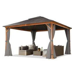 TOOLPORT Trädgårdspaviljong 4x4 m trä-look, Hardtop Ståltak 4st gardiner i färgen grå