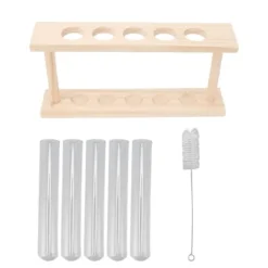 Transparent provrörsväxtterrarium med trästativ för observation av växttillväxt