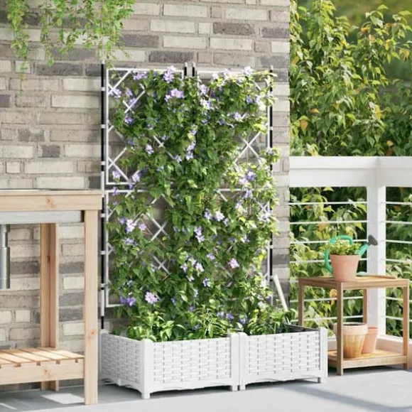 Trädgårdsbehållare med spaljé - 2 st | Färg: Vit | Storlek: 80x40x125.5 cm