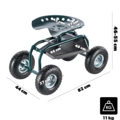 Trädgårdsbänk på hjul, hållbar stålram, stödjer upp till 250 lbs, sitsens höjd 18 tum, breda stabila däck, praktisk verktygsförvaring