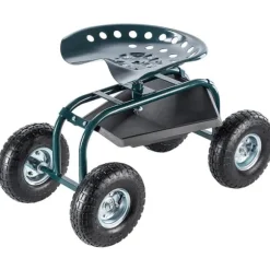 Trädgårdsbänk på hjul, hållbar stålram, stödjer upp till 250 lbs, sitsens höjd 18 tum, breda stabila däck, praktisk verktygsförvaring