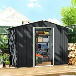 Trädgårdsbod - Redskapsförråd - 236×174×190 cm - Metall - Vattentät - 2 Skjutdörrar - Sluttande Tak - 4 Fönster - Grå