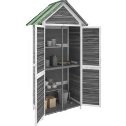 Trädgårdsbod i massiv furu - Förvaringslösning för trädgårdsredskap | Färg: Grå | Storlek: 89x52,5x175 cm