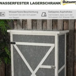 Trädgårdsbod i trä 75×56×115 cm med hyllplan, svart/grå/vit